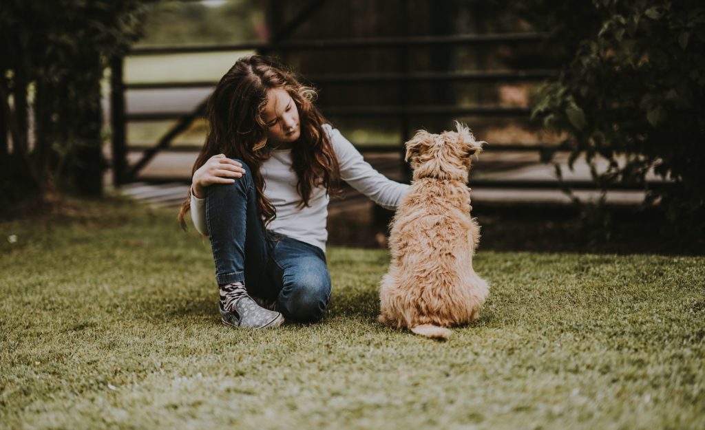 a highly sensitive child pets a dog