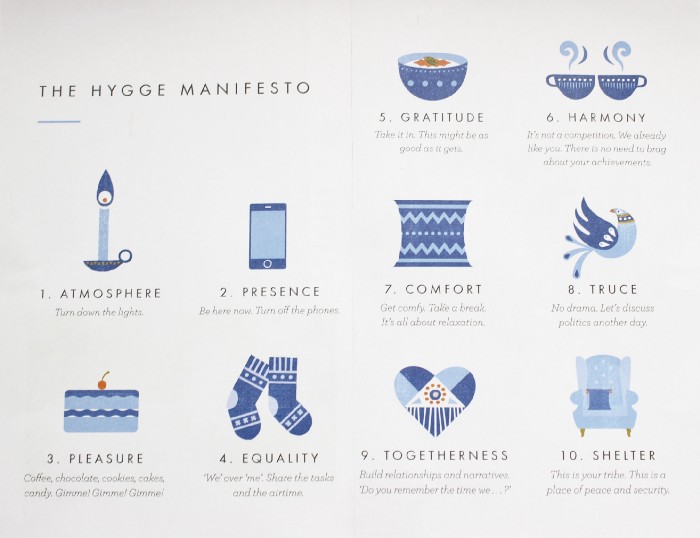 A diagram of the Hygge Manifesto by Meik Wiking, showing the ten ways to achieve hygge: gratitude, harmony, atmosphere, presence, comfort, truce, pleasure, equality, togetherness, and shelter.